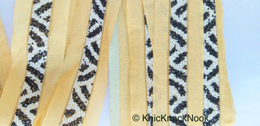 Beige Fabric Trim With Black And White Seed Beads Embellishments, Zebra Trim, Beaded Trim